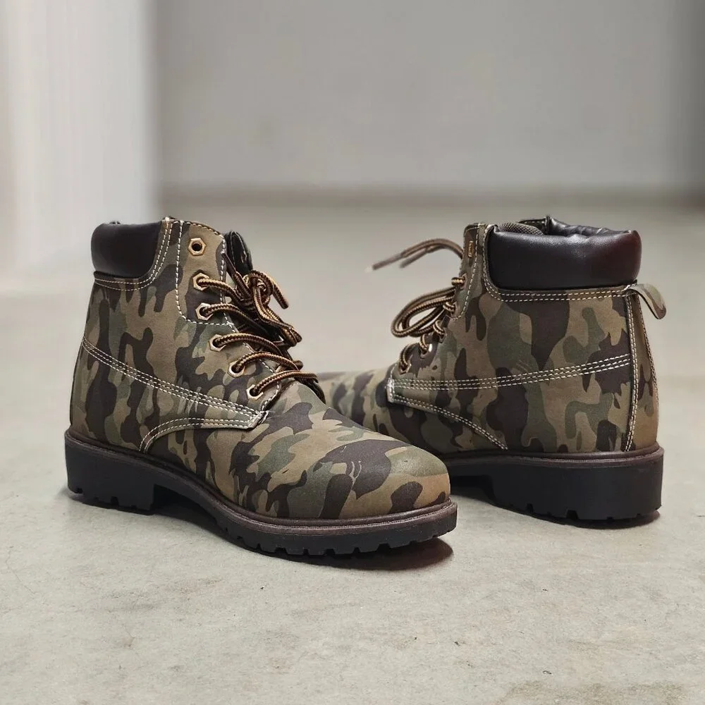 Camouflage Lace-Up Combat Boots With Padded Collar & Rugged Soles For Outdoor We - Picture 7 of 9